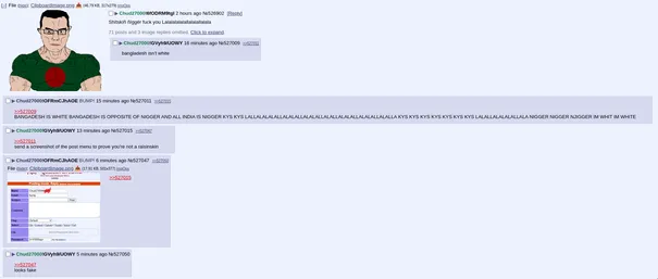 A screenshot of a post on the /qa/ board, containing multiple tripcodes for a user called Chud27000, with posts and replies from him saying things along the lines of "Bangladesh is white"